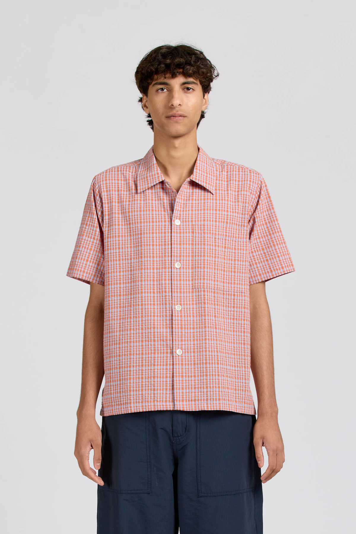 Box Shirt Short Sleeve, Seersucker Check, Orange Lilac