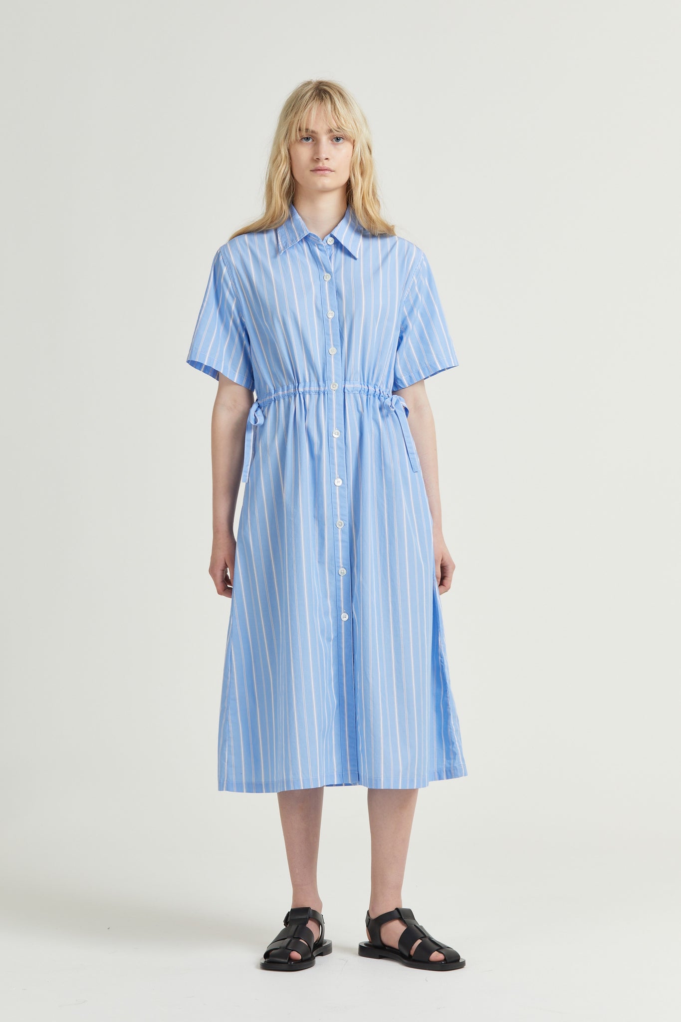 Drawcord Shirt Dress SS, Blue Stripe