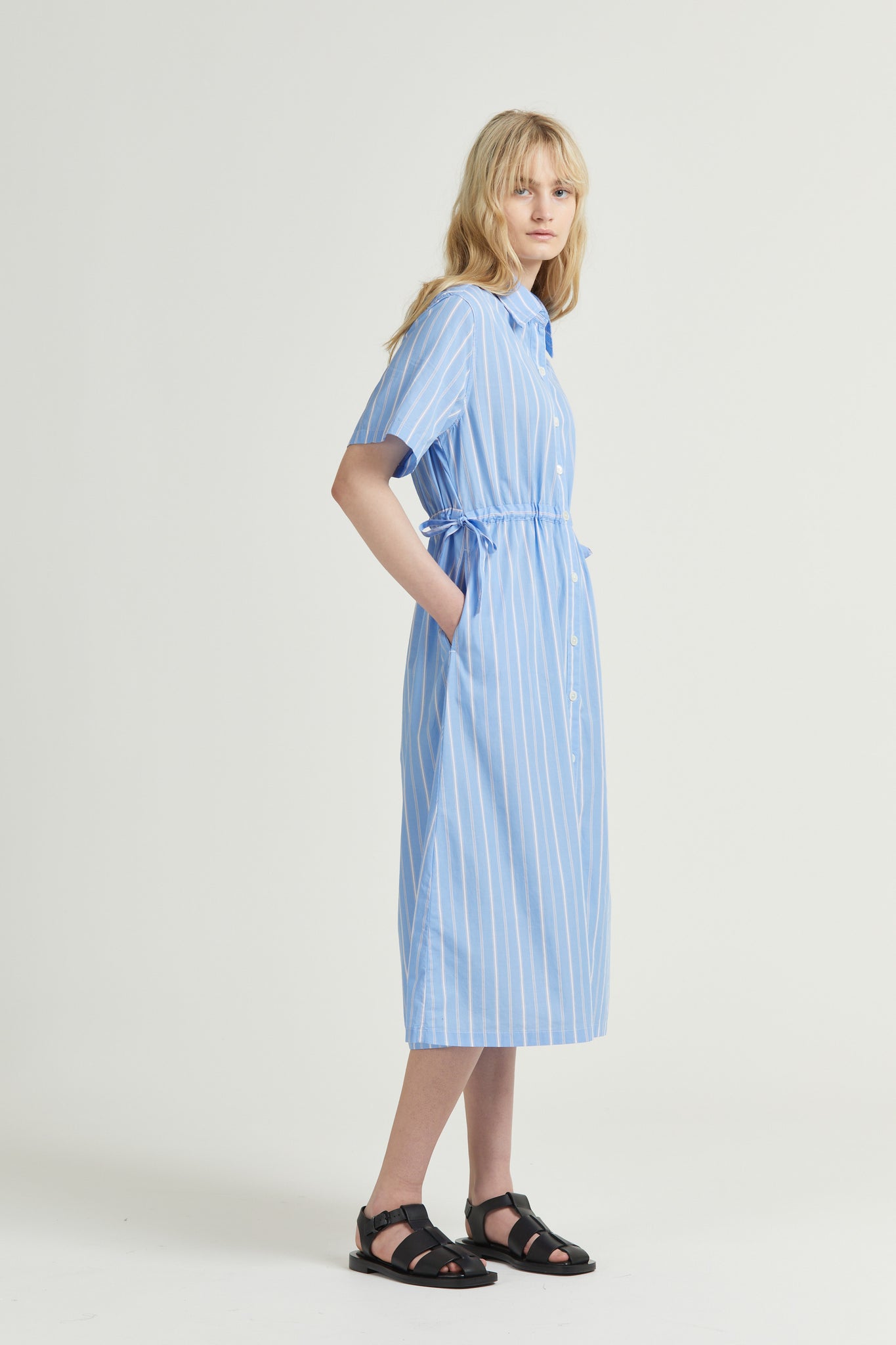 Drawcord Shirt Dress SS, Blue Stripe