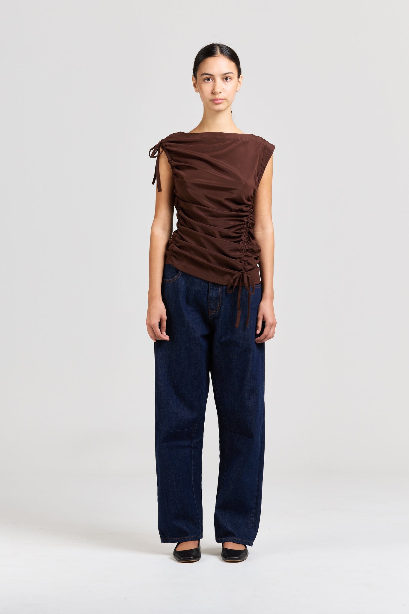 Asymmetric Silk Ruched Top, Espresso