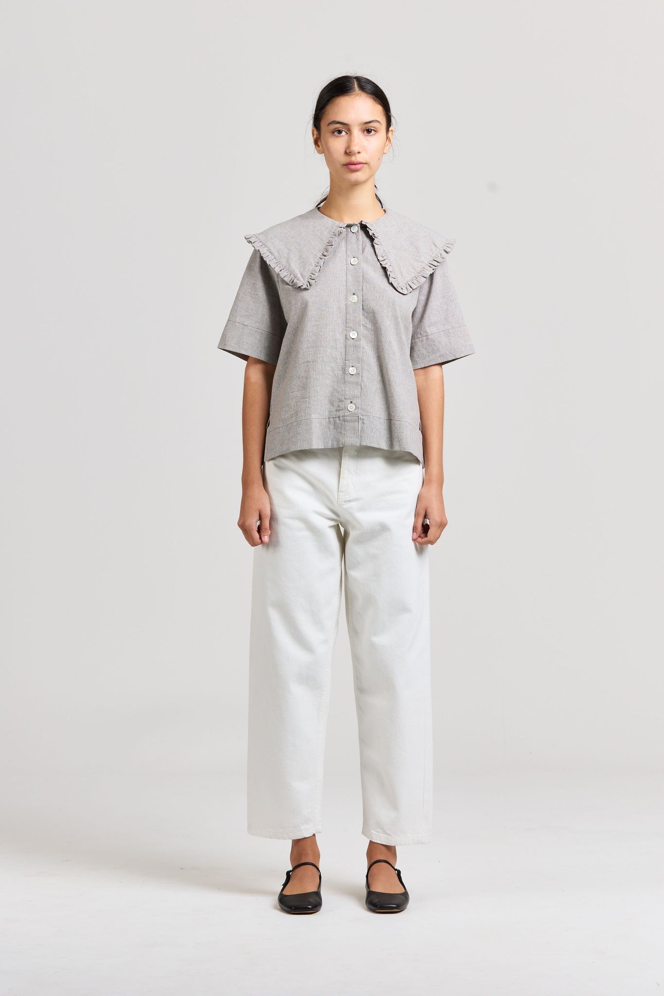 Big Frill Shirt SS, Puppytooth Linen