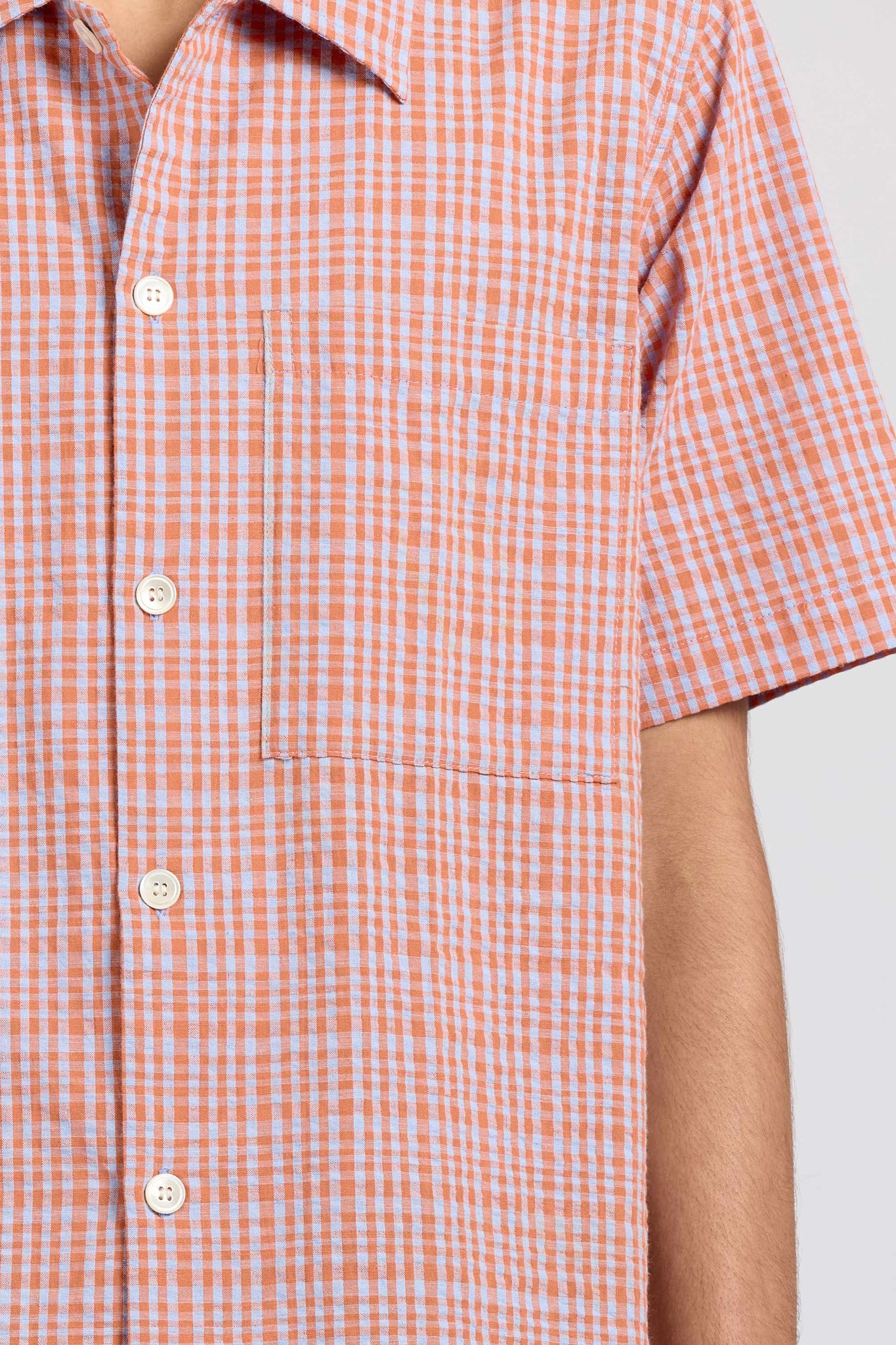 Box Shirt Short Sleeve, Seersucker Check, Orange Lilac