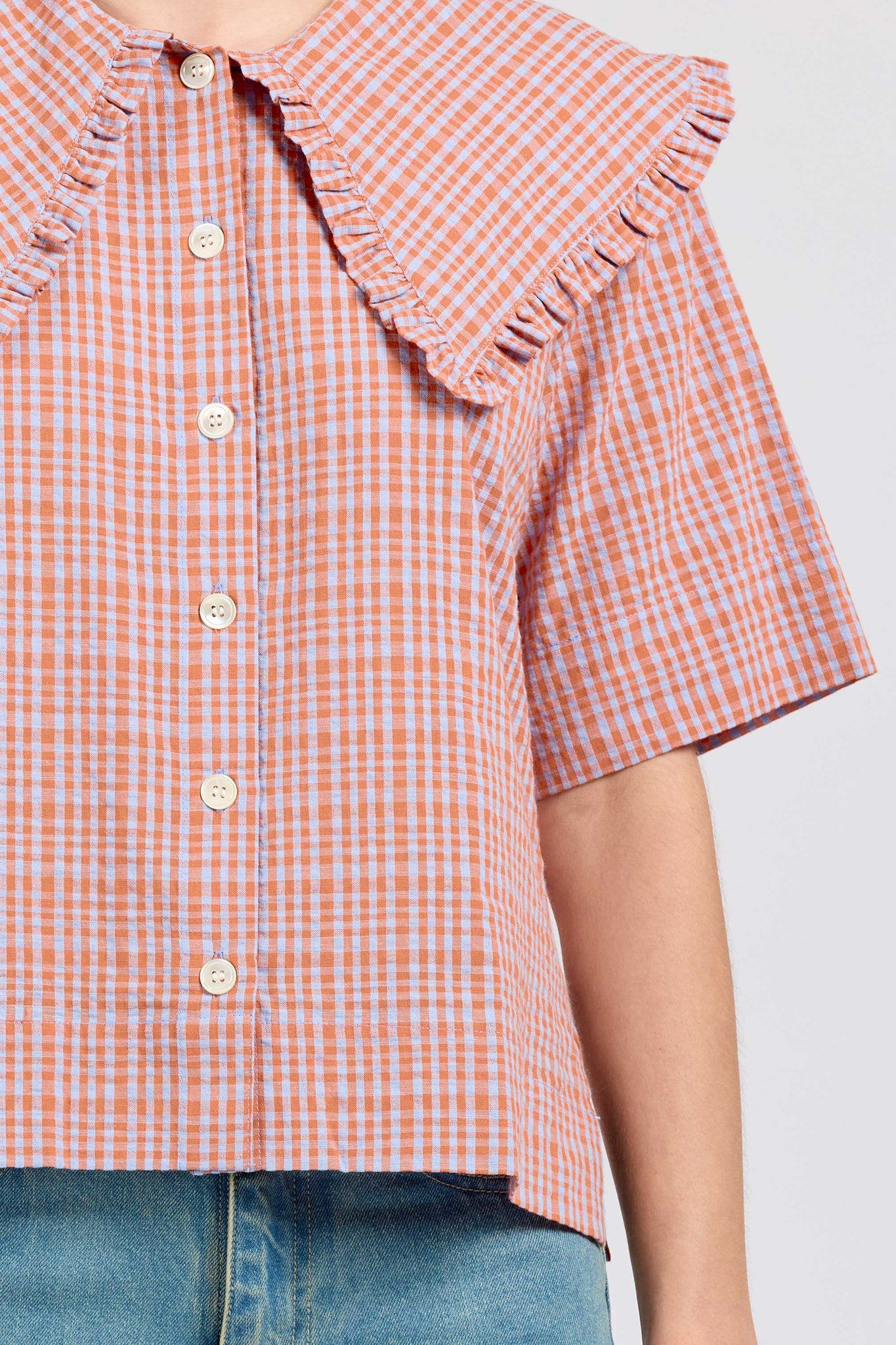 Big Frill Short Sleeve, Seersucker Check, Orange Lilac