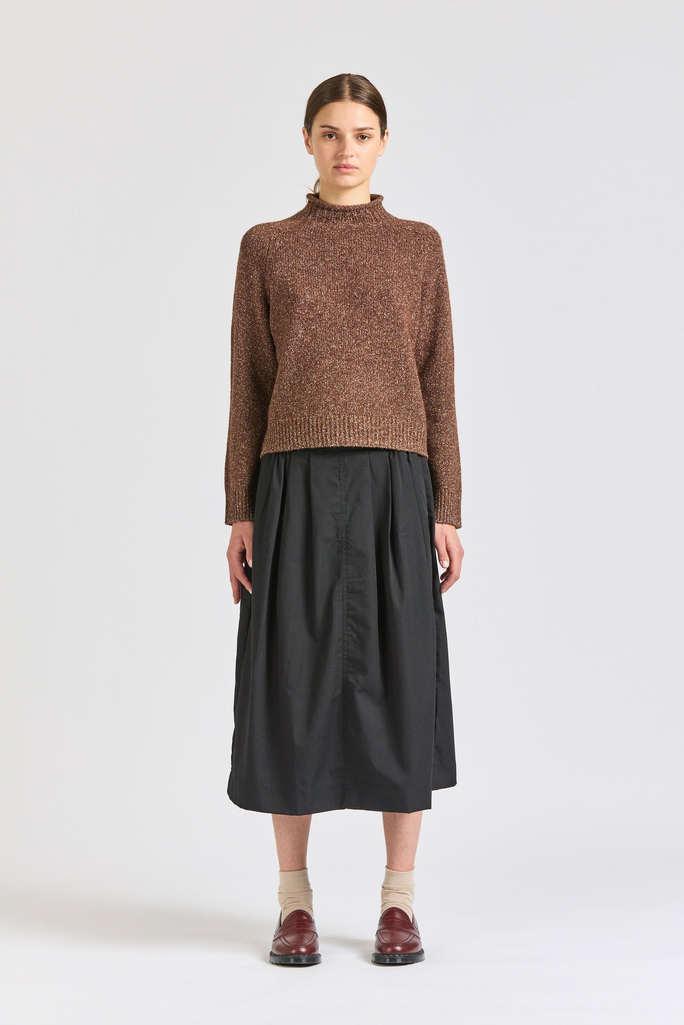 Cropped Silk Roll Neck, Chestnut