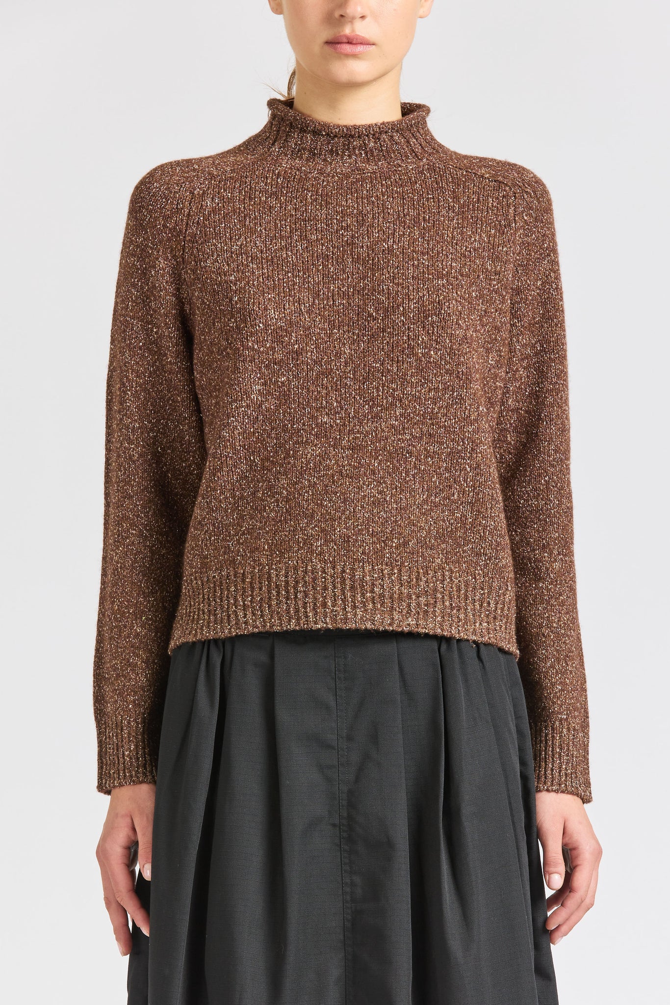 Cropped Silk Roll Neck, Chestnut