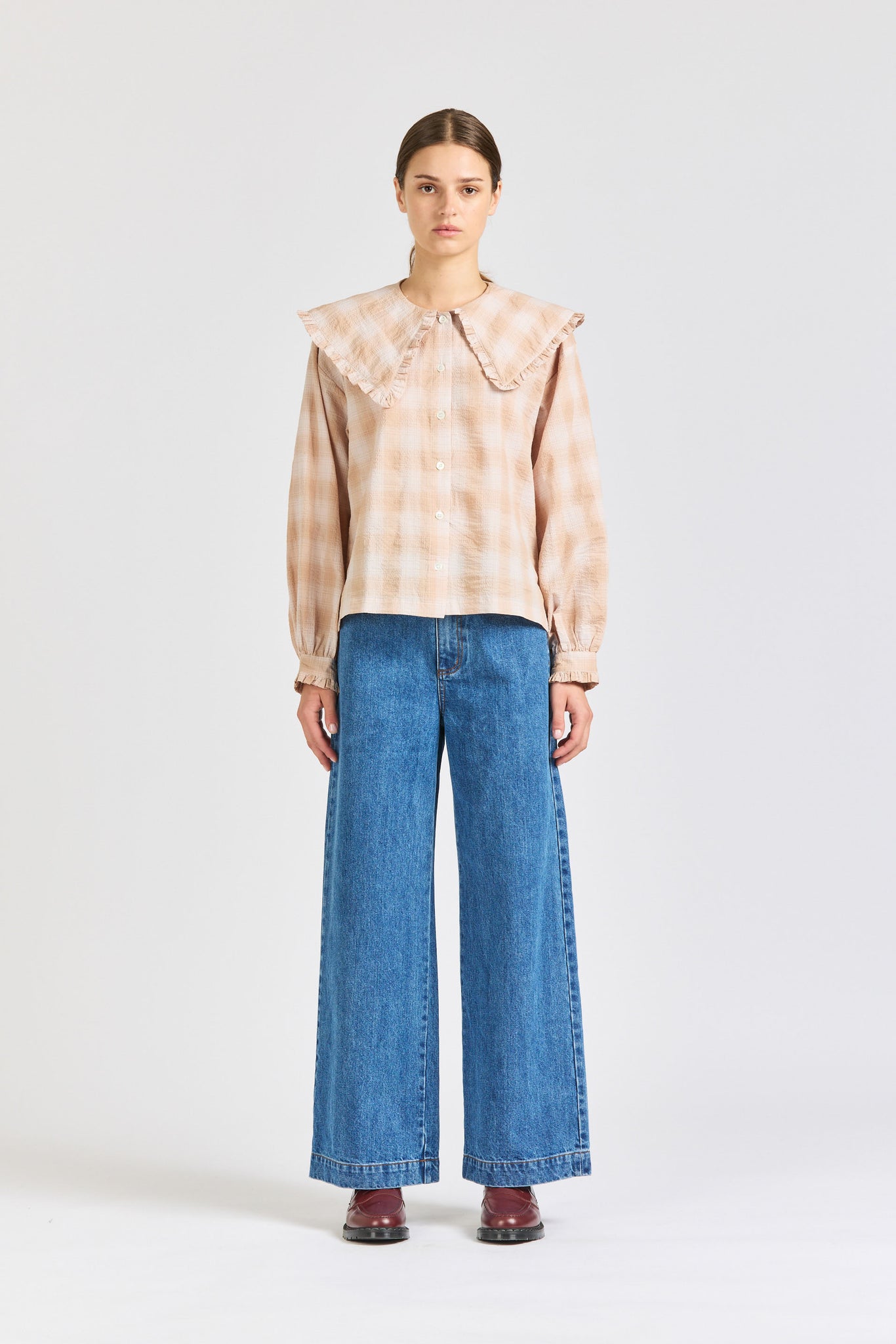 Big Frill Long Sleeve, Peach Check