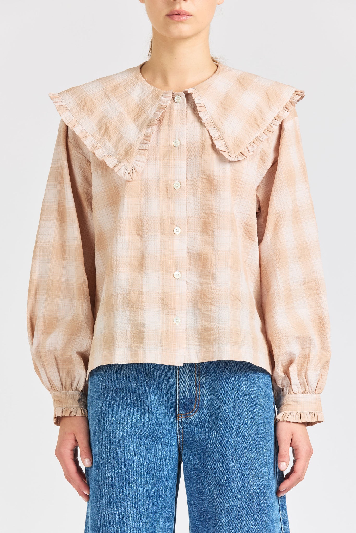 Big Frill Long Sleeve, Peach Check