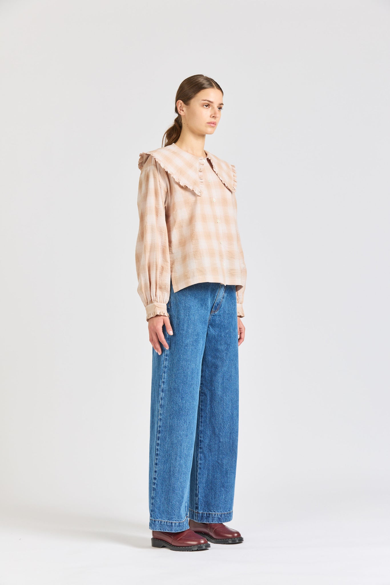 Big Frill Long Sleeve, Peach Check