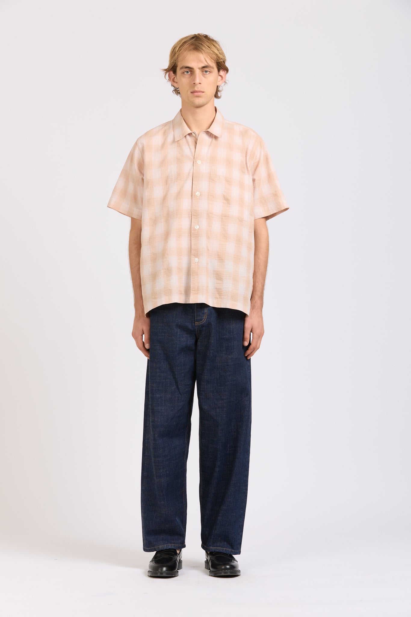 Box Shirt Short Sleeve, Peach Check