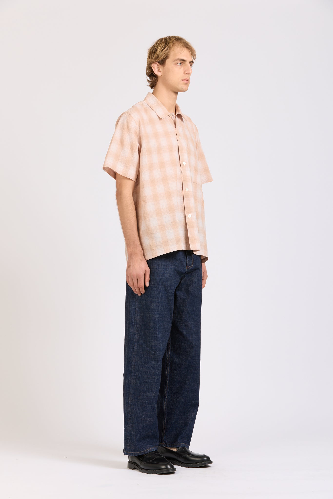Box Shirt Short Sleeve, Peach Check