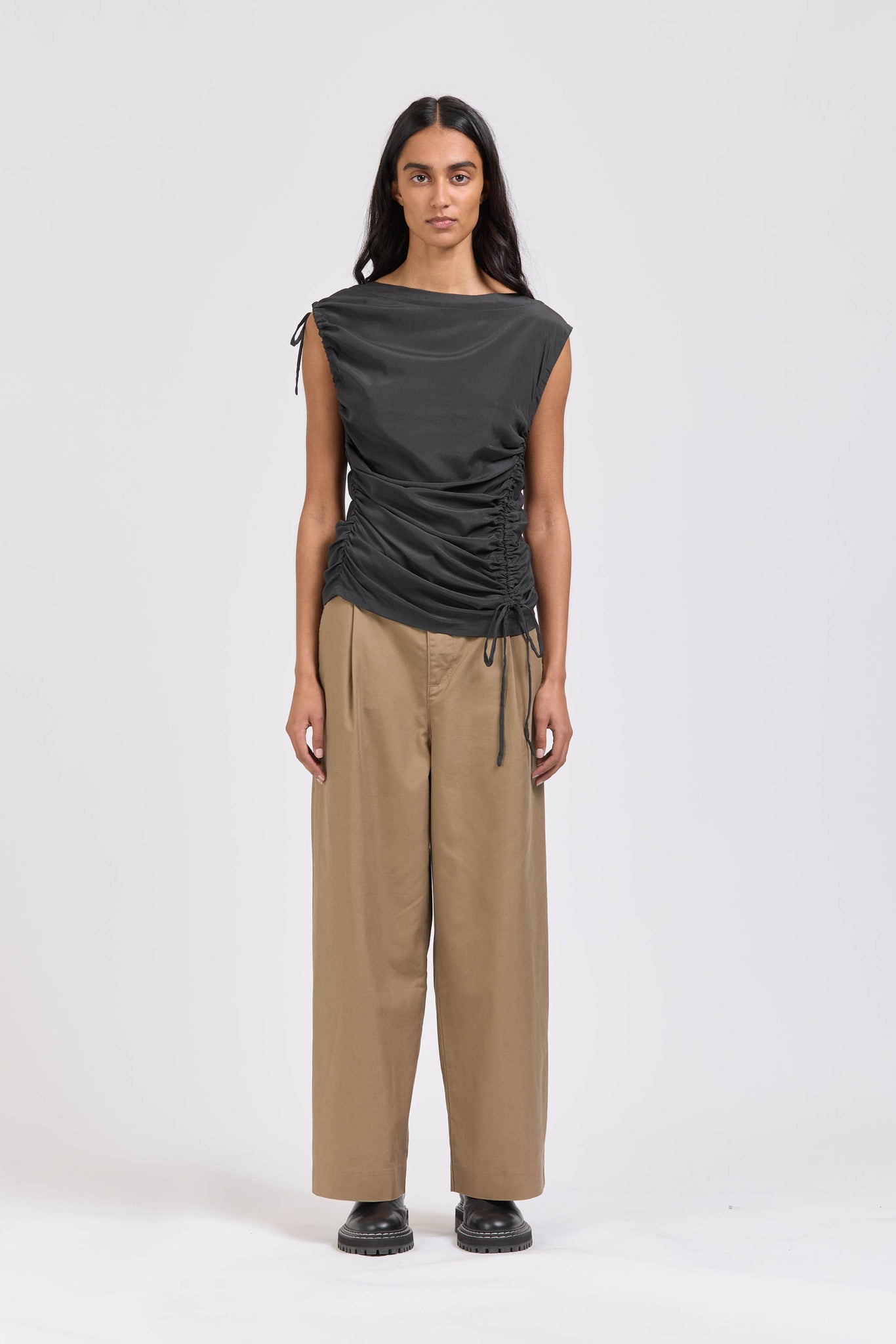 Asymmetric Silk Ruched Top, Asphalt