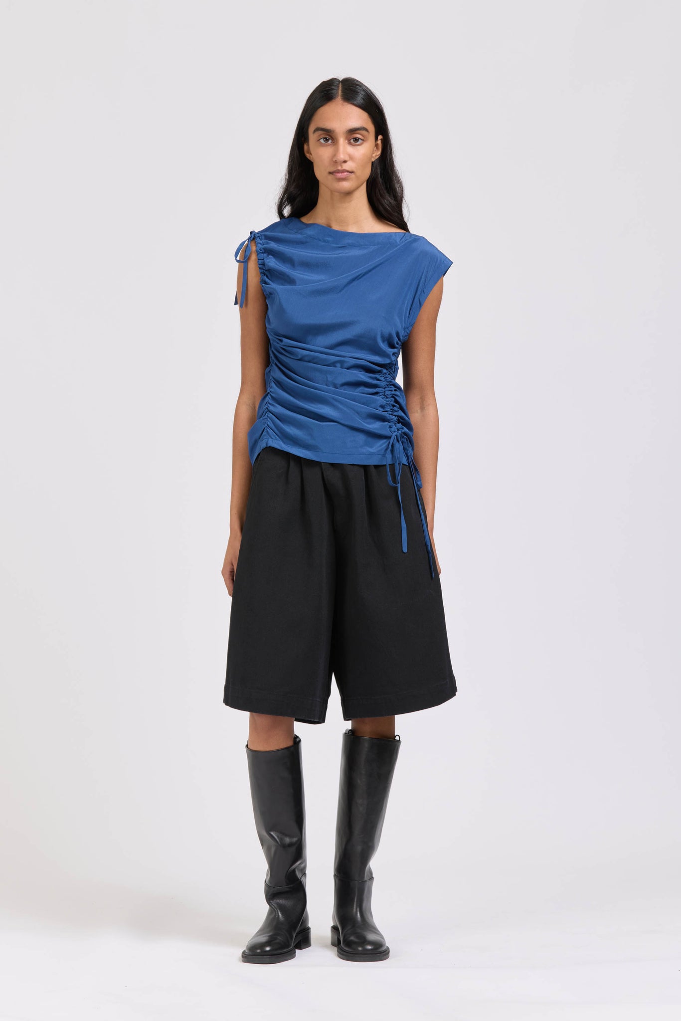 Asymmetric Silk Ruched Top, Teal