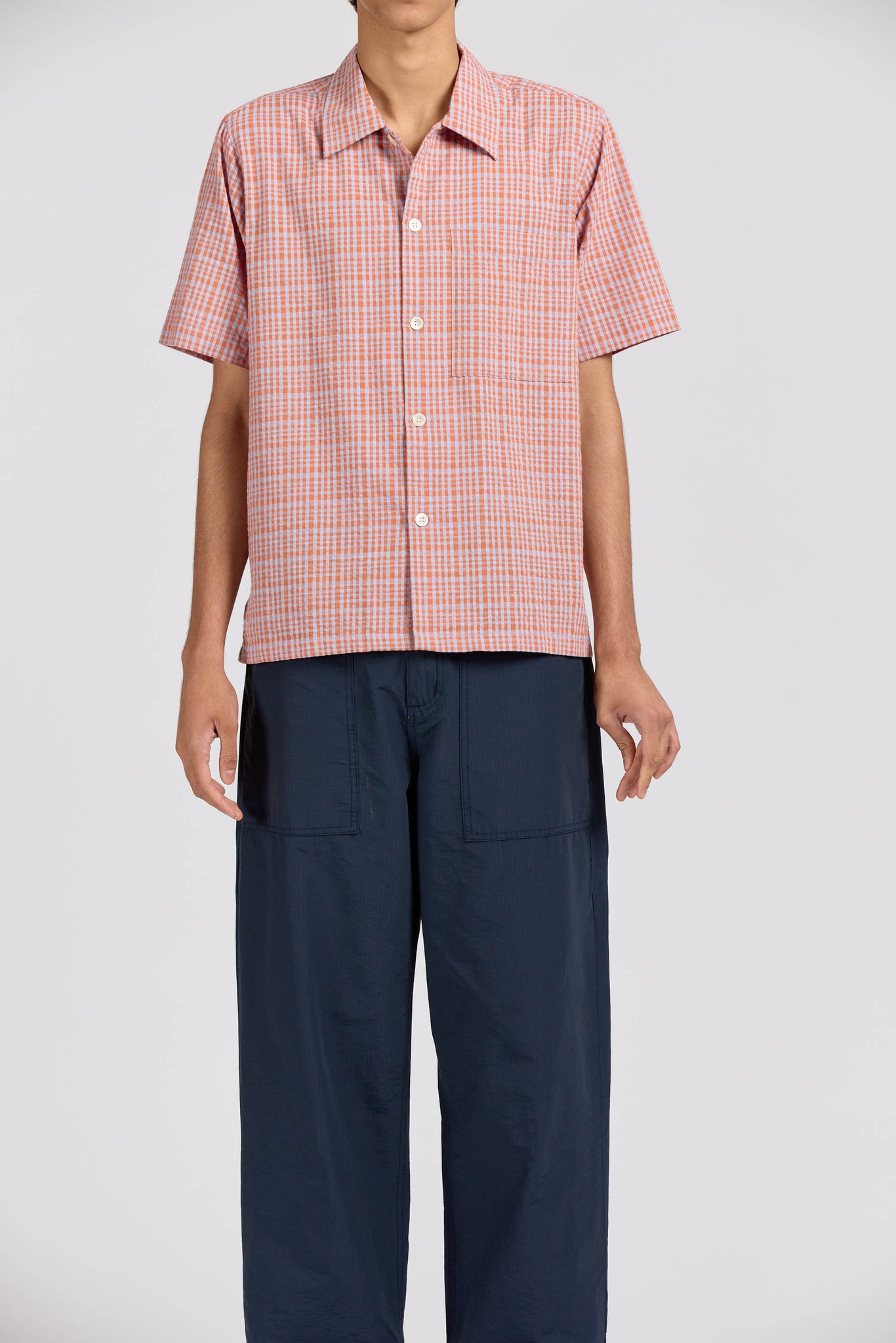Box Shirt Short Sleeve, Seersucker Check, Orange Lilac