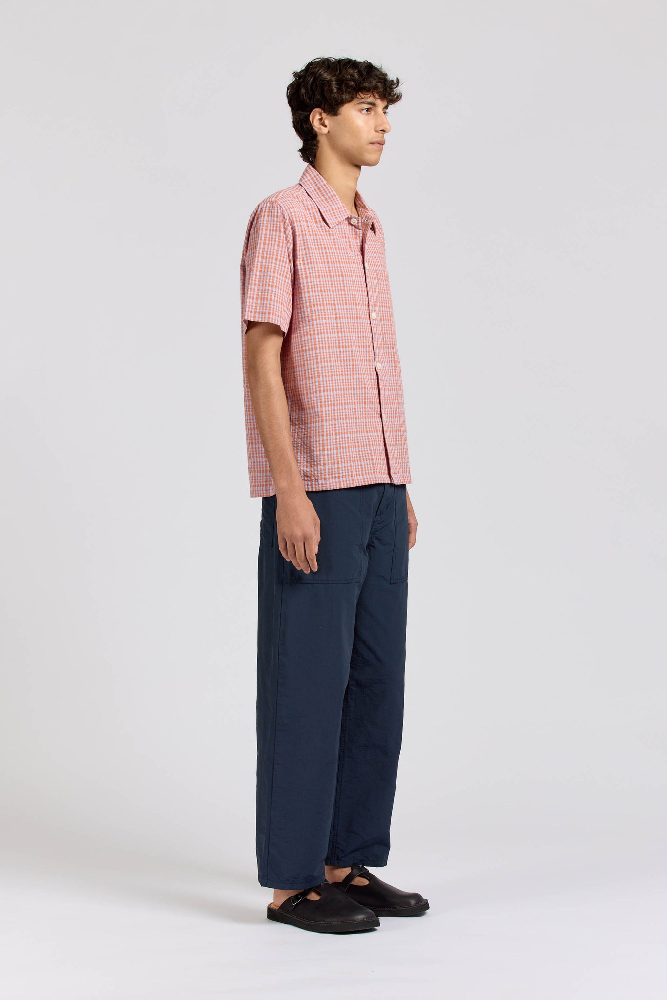 Box Shirt Short Sleeve, Seersucker Check, Orange Lilac