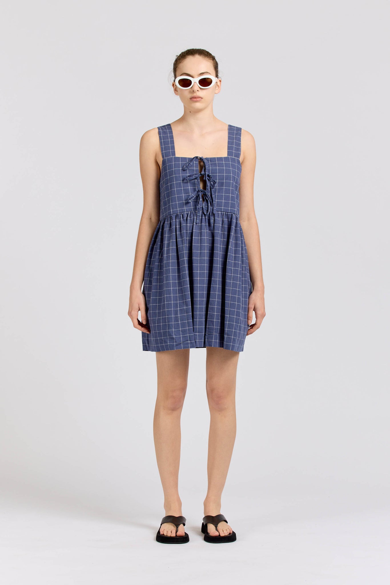 Tie Dress Mini, Square Check, Navy