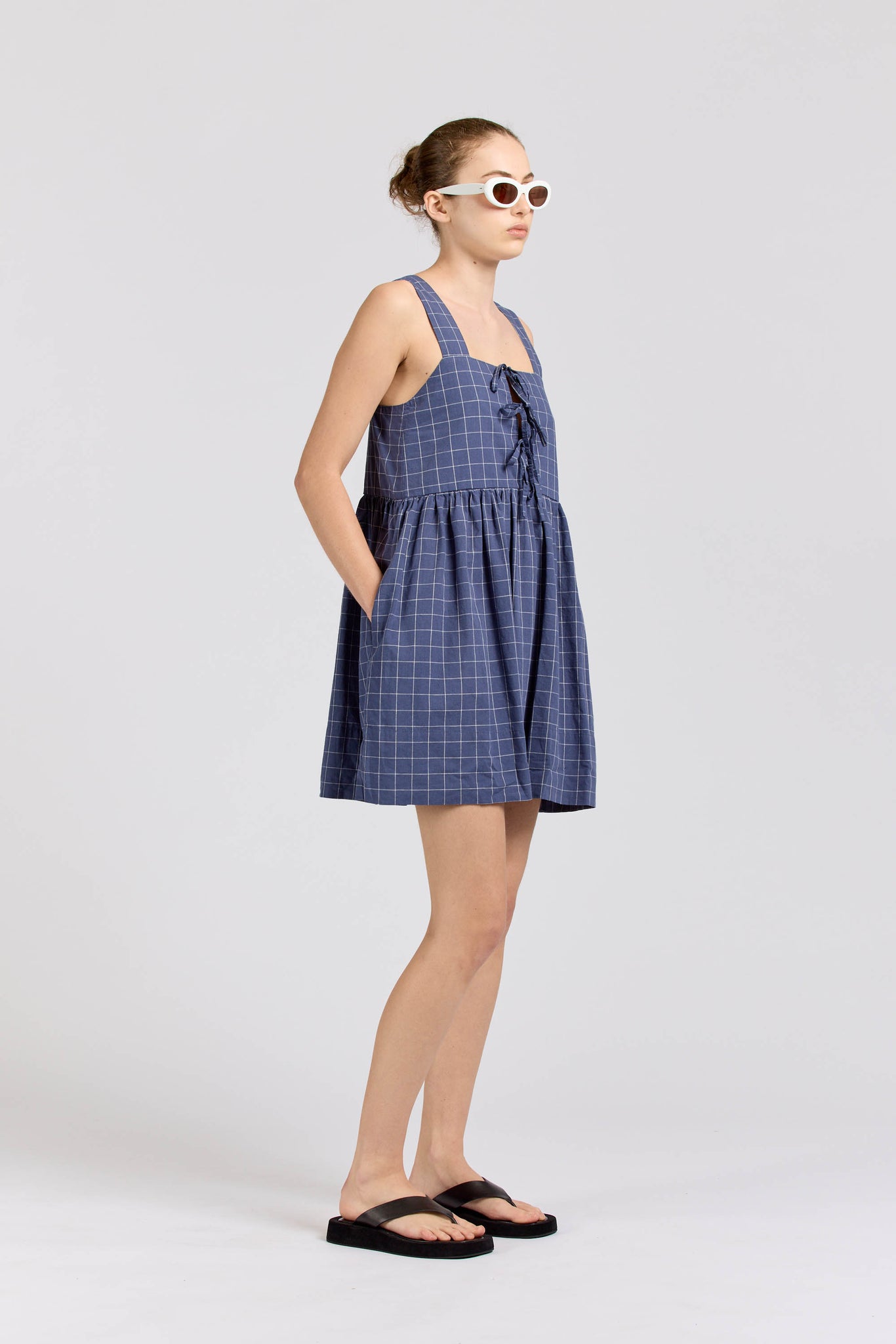Tie Dress Mini, Square Check, Navy