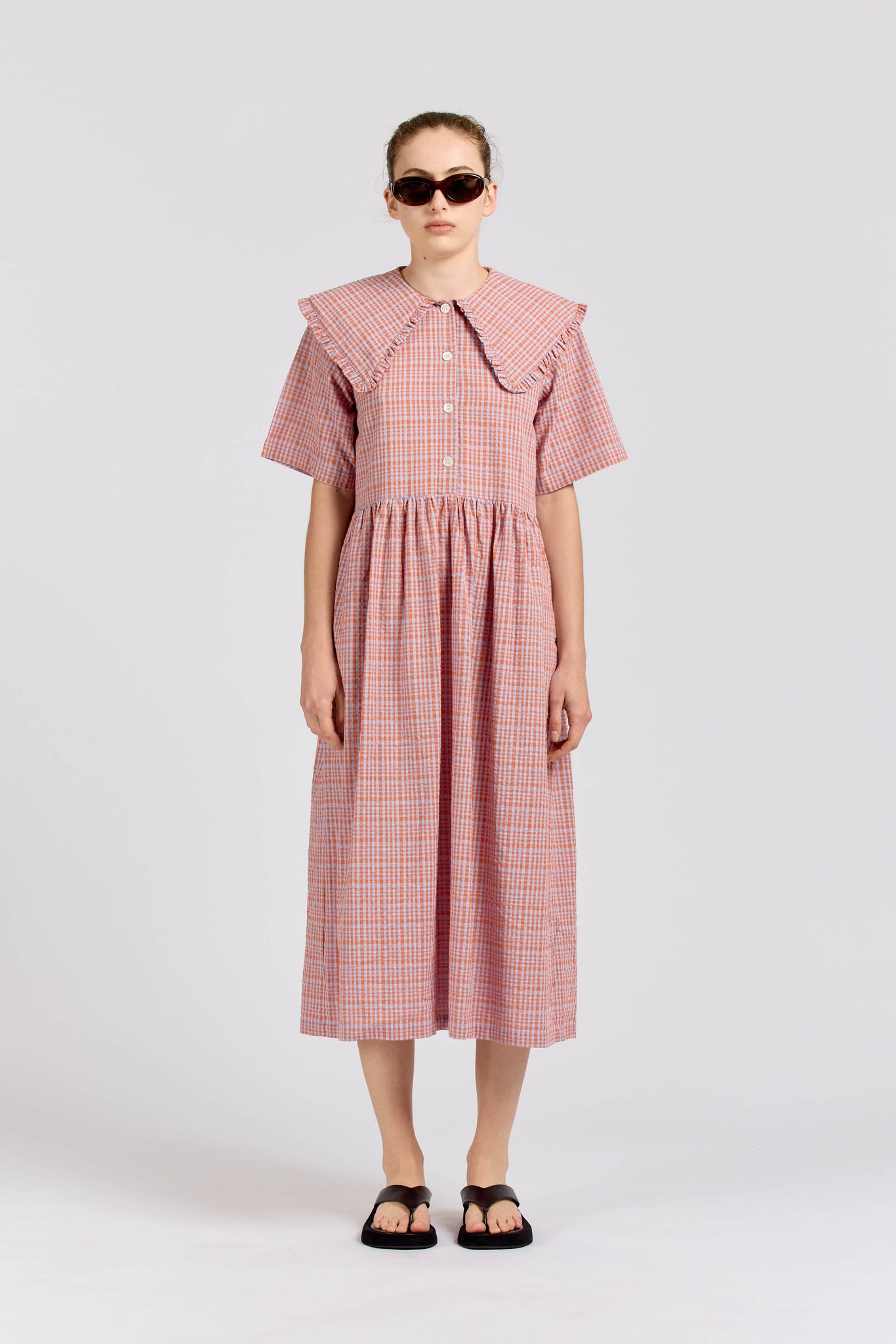 Big Frill Midi,  Seersucker Check, Orange Lilac