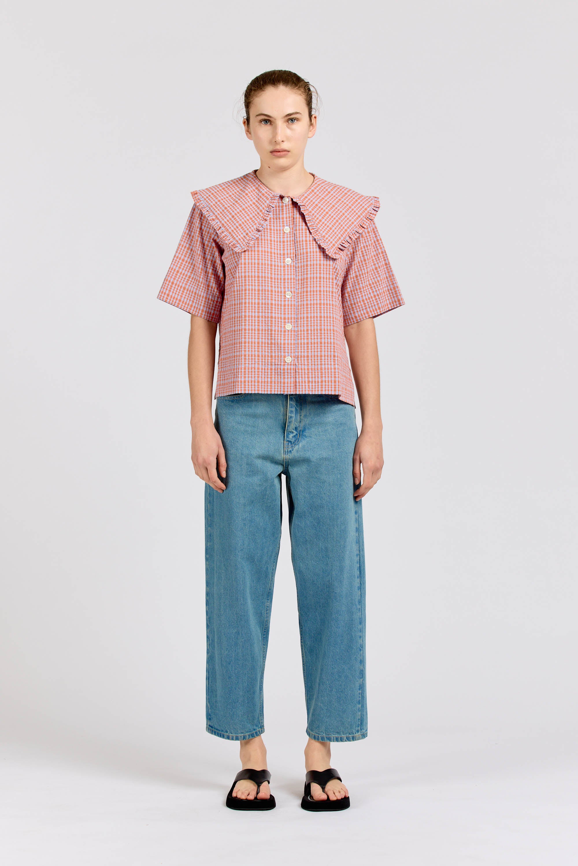 Big Frill Short Sleeve, Seersucker Check, Orange Lilac – Handsom