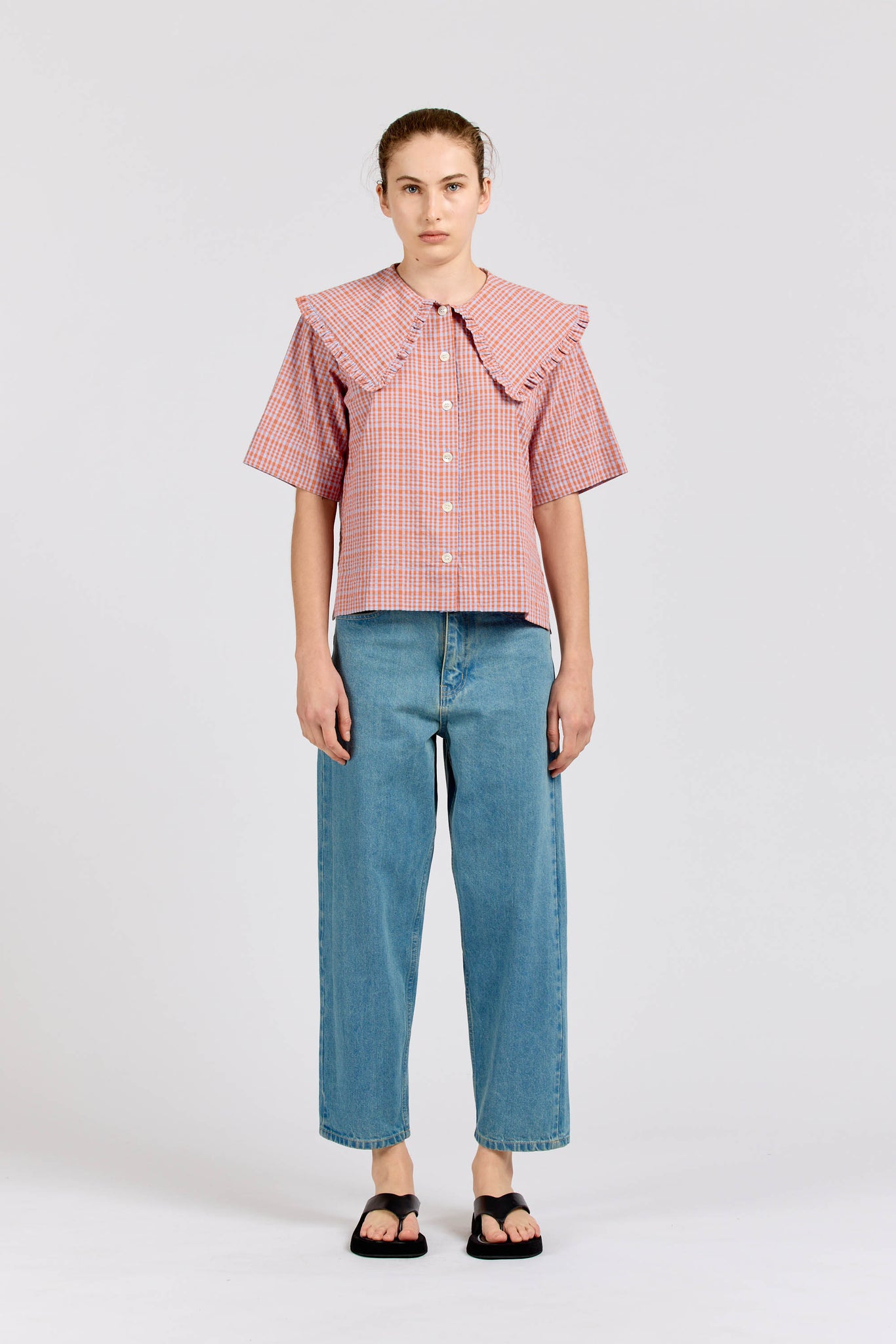 Big Frill Short Sleeve, Seersucker Check, Orange Lilac