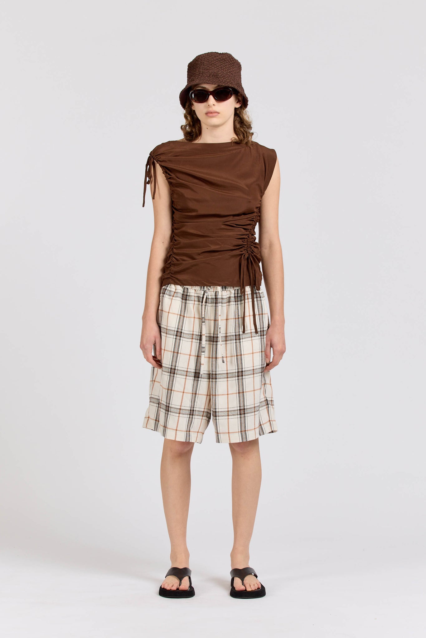 Asymmetric Silk Ruched Top, Espresso