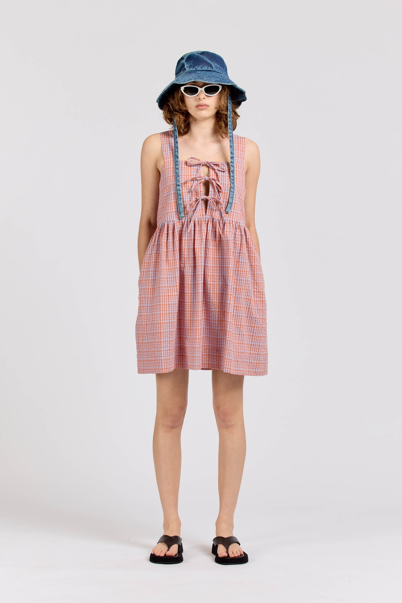 Tie Dress Mini, Seersucker Check, Orange Lilac