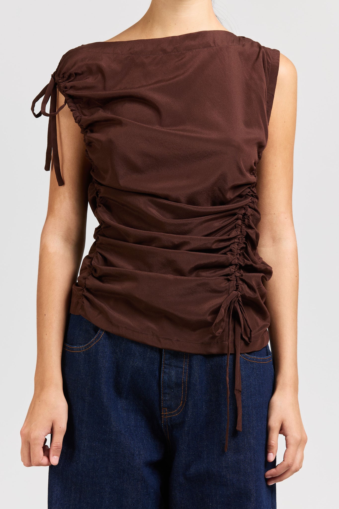 Asymmetric Silk Ruched Top, Espresso