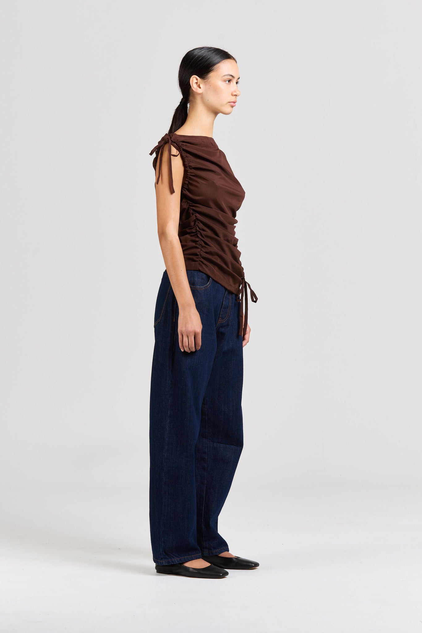 Asymmetric Silk Ruched Top, Espresso