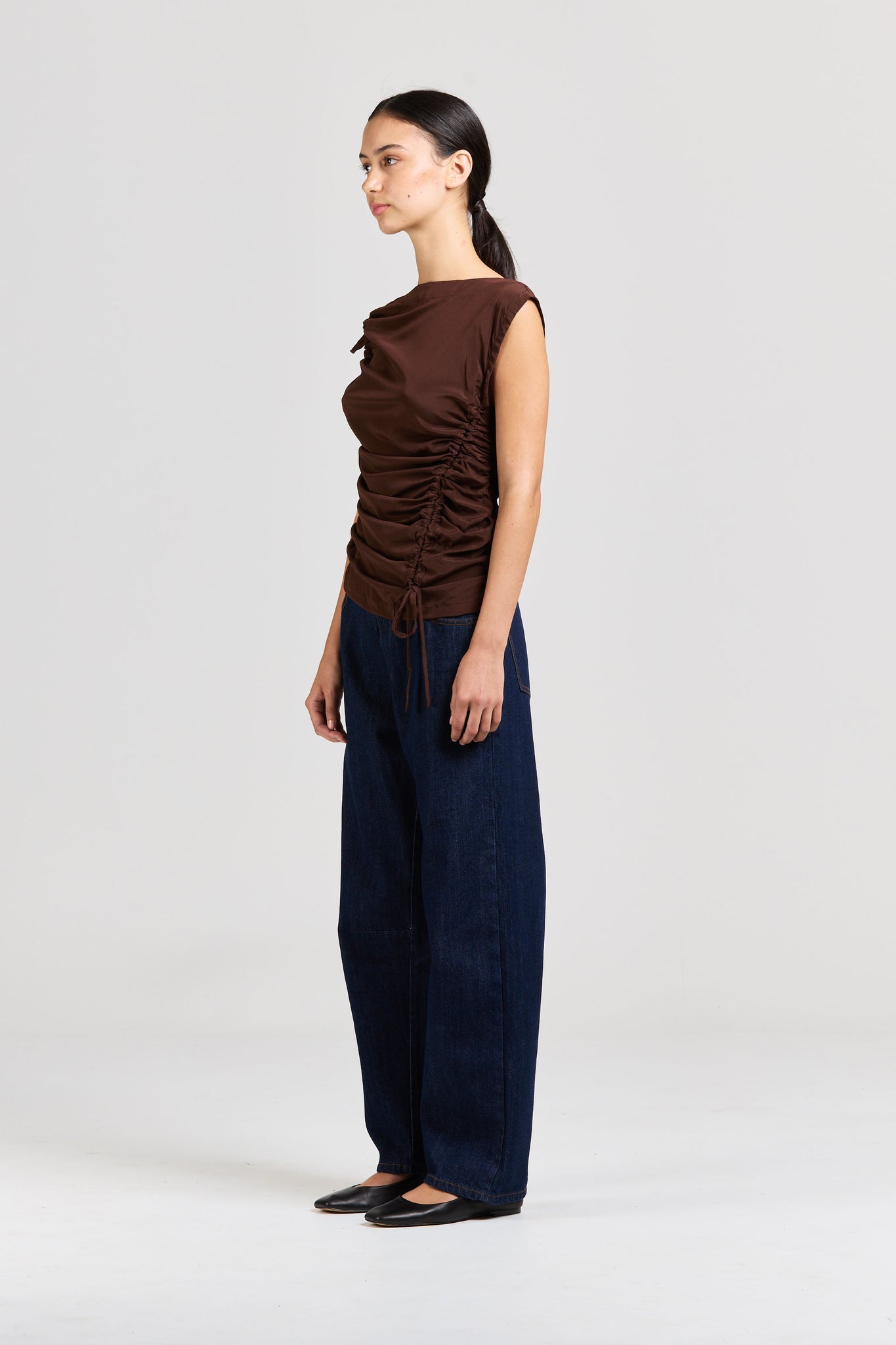 Asymmetric Silk Ruched Top, Espresso