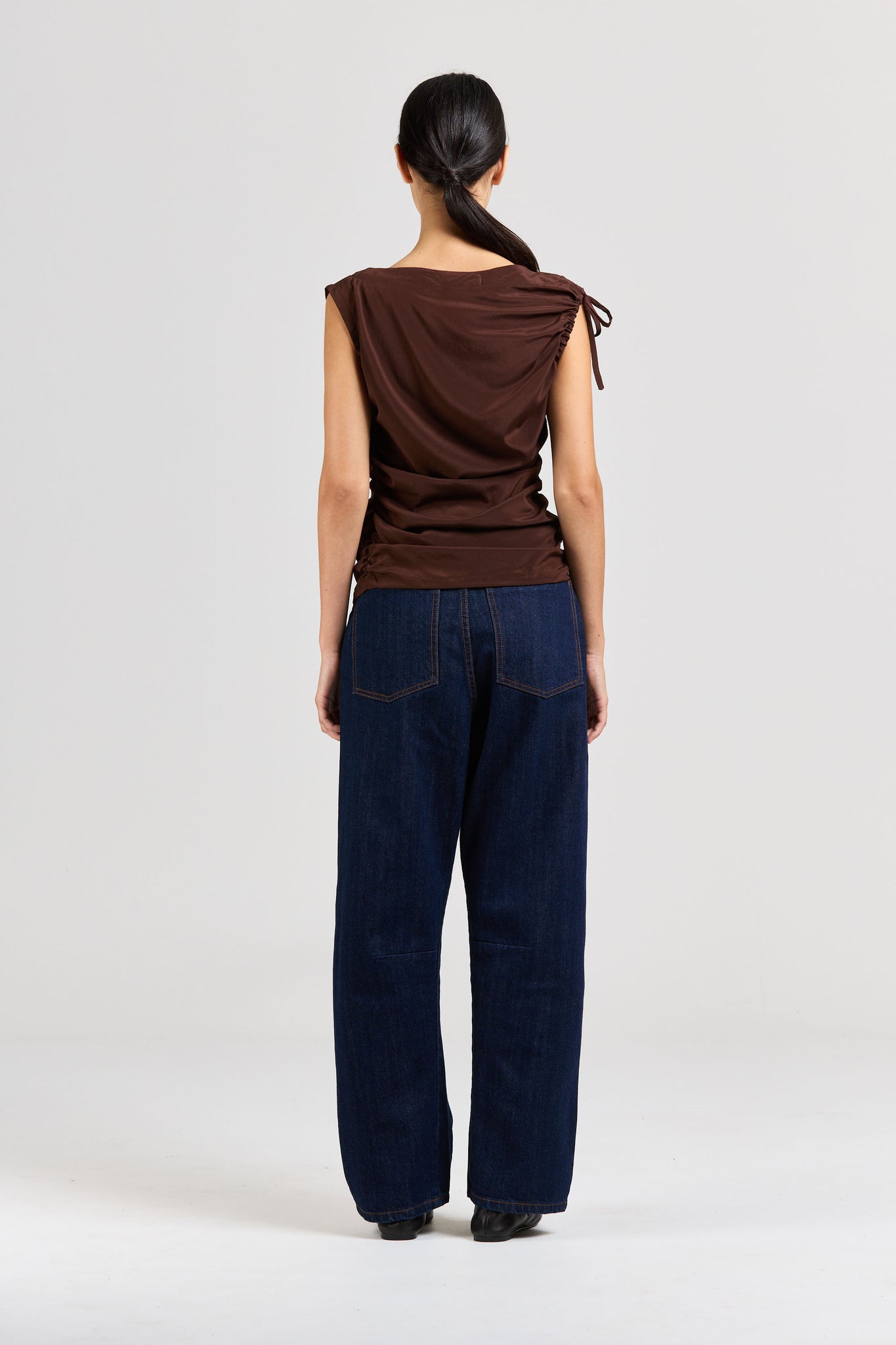 Asymmetric Silk Ruched Top, Espresso