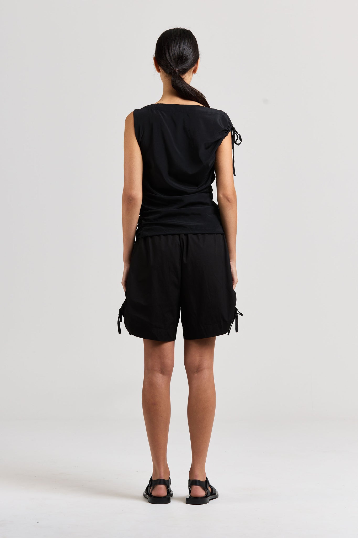 Asymmetric Silk Ruched Top, Black