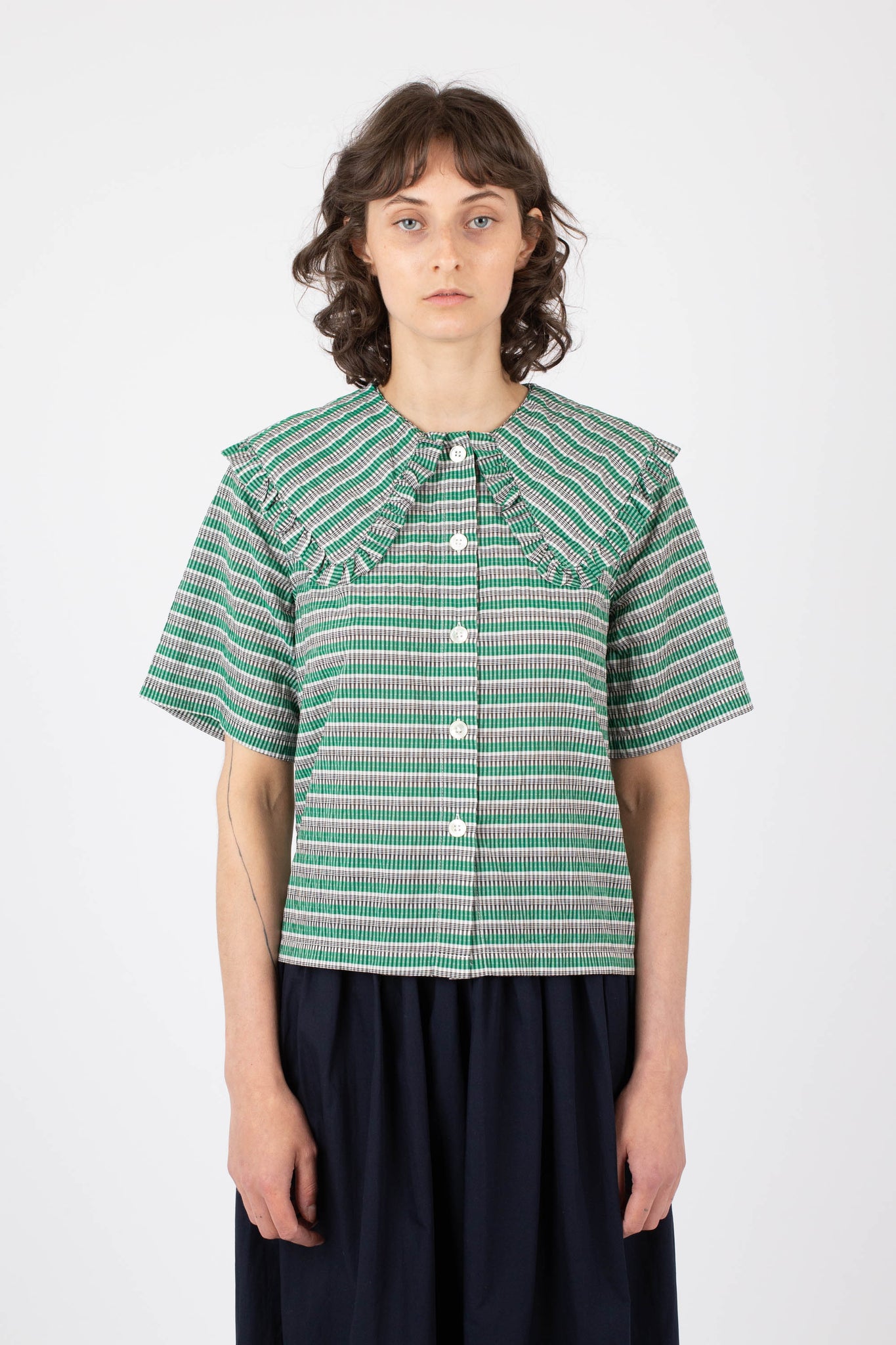 Big Frill Shirt SS, Check Stripe, Green