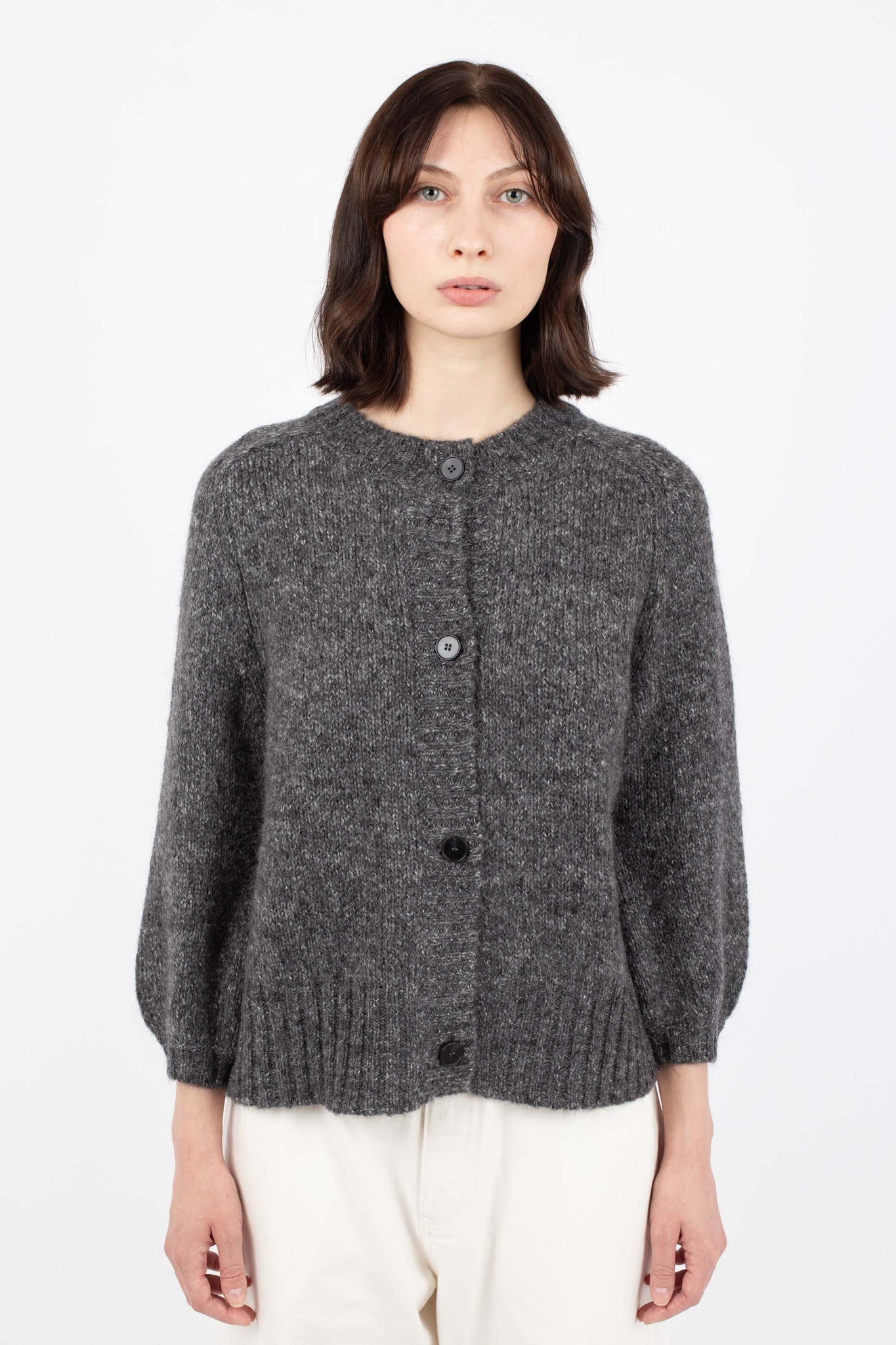 Balloon Sleeve Mohair Cardigan, Charcoal