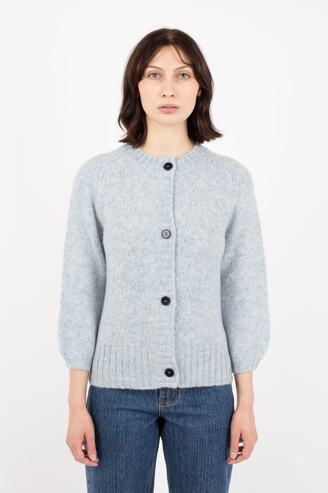 Balloon Sleeve Mohair Cardigan, Frosty Blue