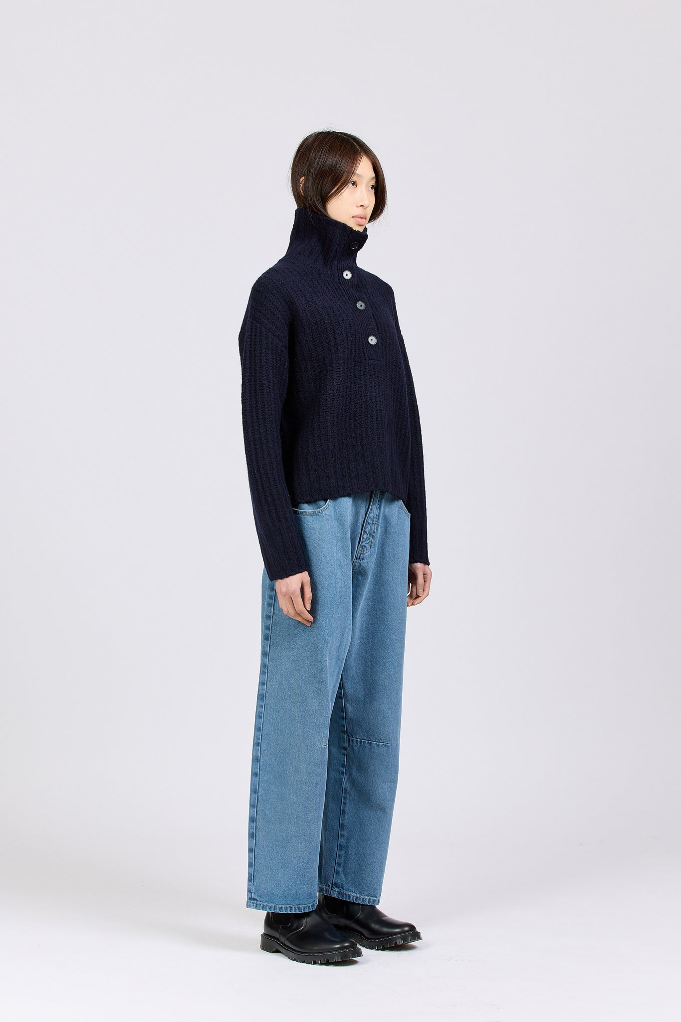 Button Rib Jacket High Neck Button Rib, Navy – Handsom