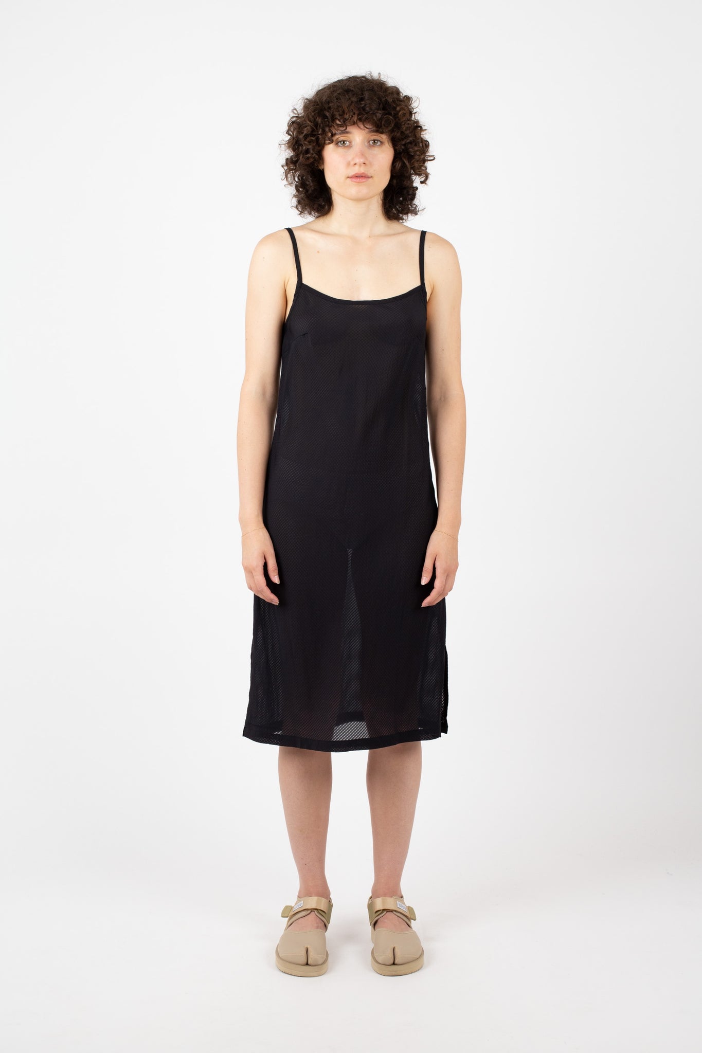Sheer Check Slip Dress, Black
